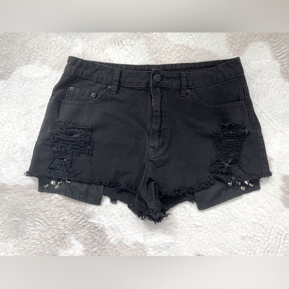 BDG studded black high rise dree cheeky distressed jean shorts